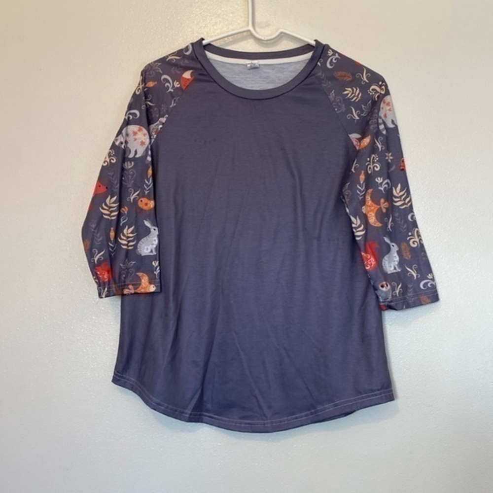 Pixie Lady gray yellow forest animals raglan tree  slip over cozy shirt small